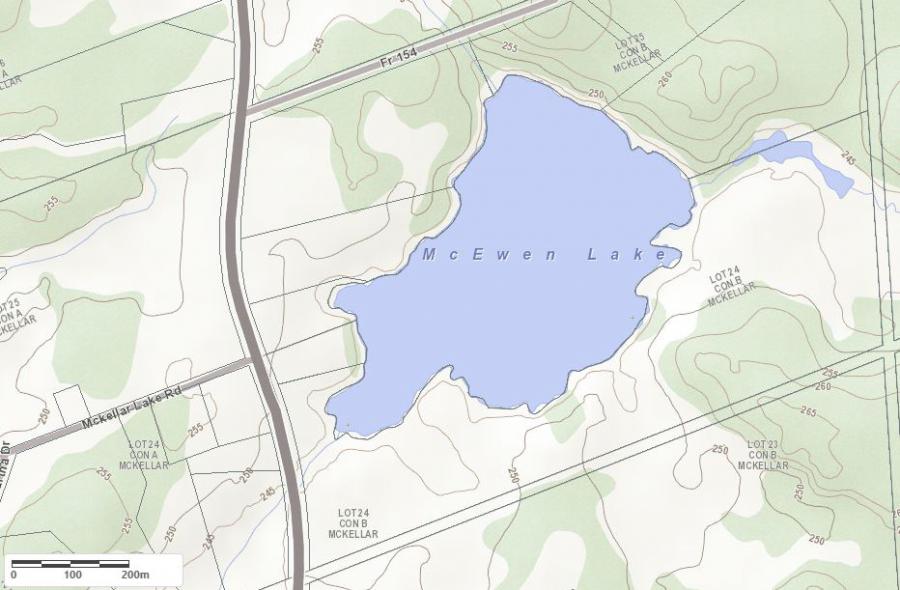 Topographical Map of McEwen Lake in Municipality of McKellar and the District of Parry Sound